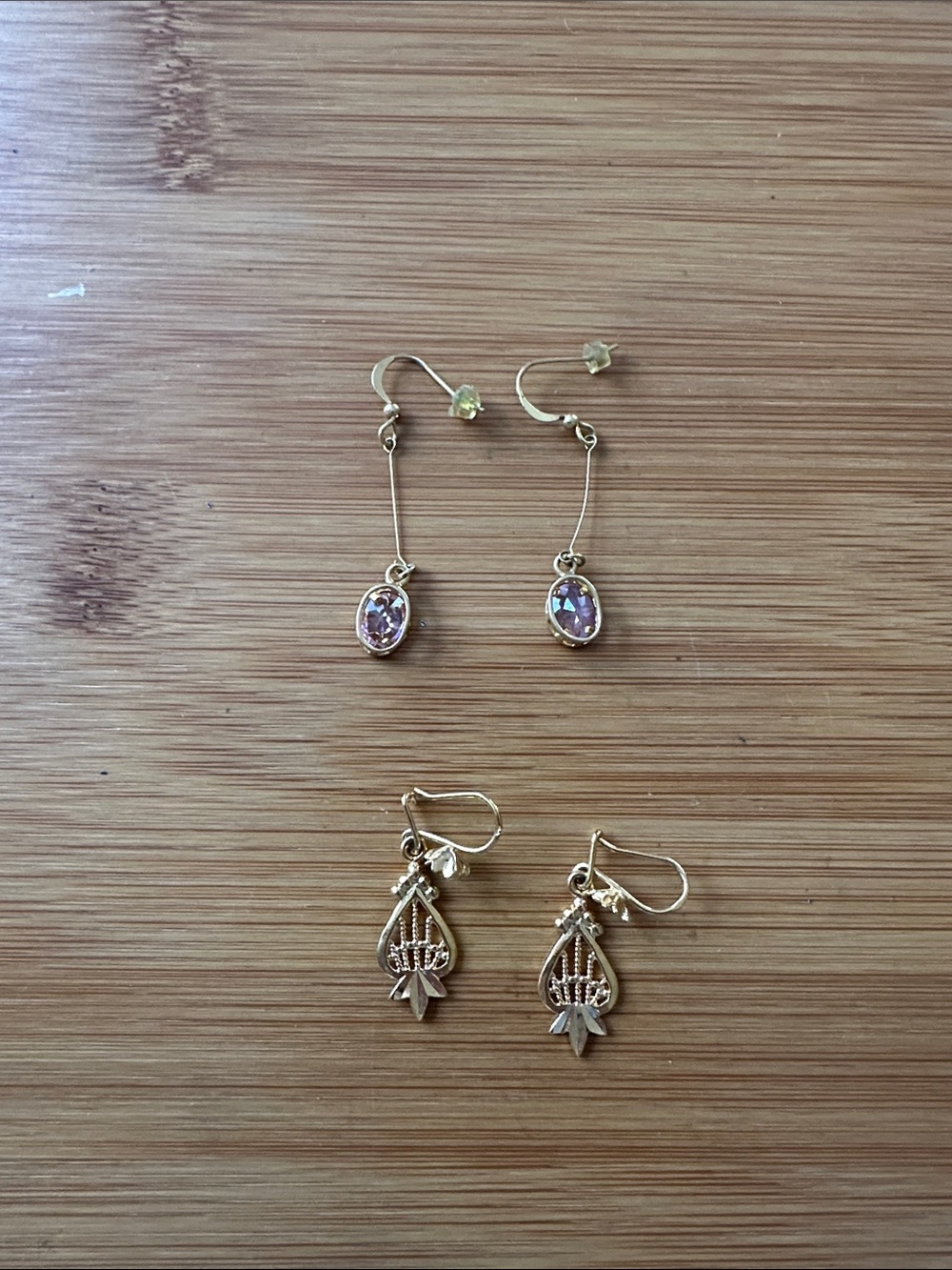 Gold Tone Dangle Earrings with Pink Gem Accents (Set of 2 Pairs)